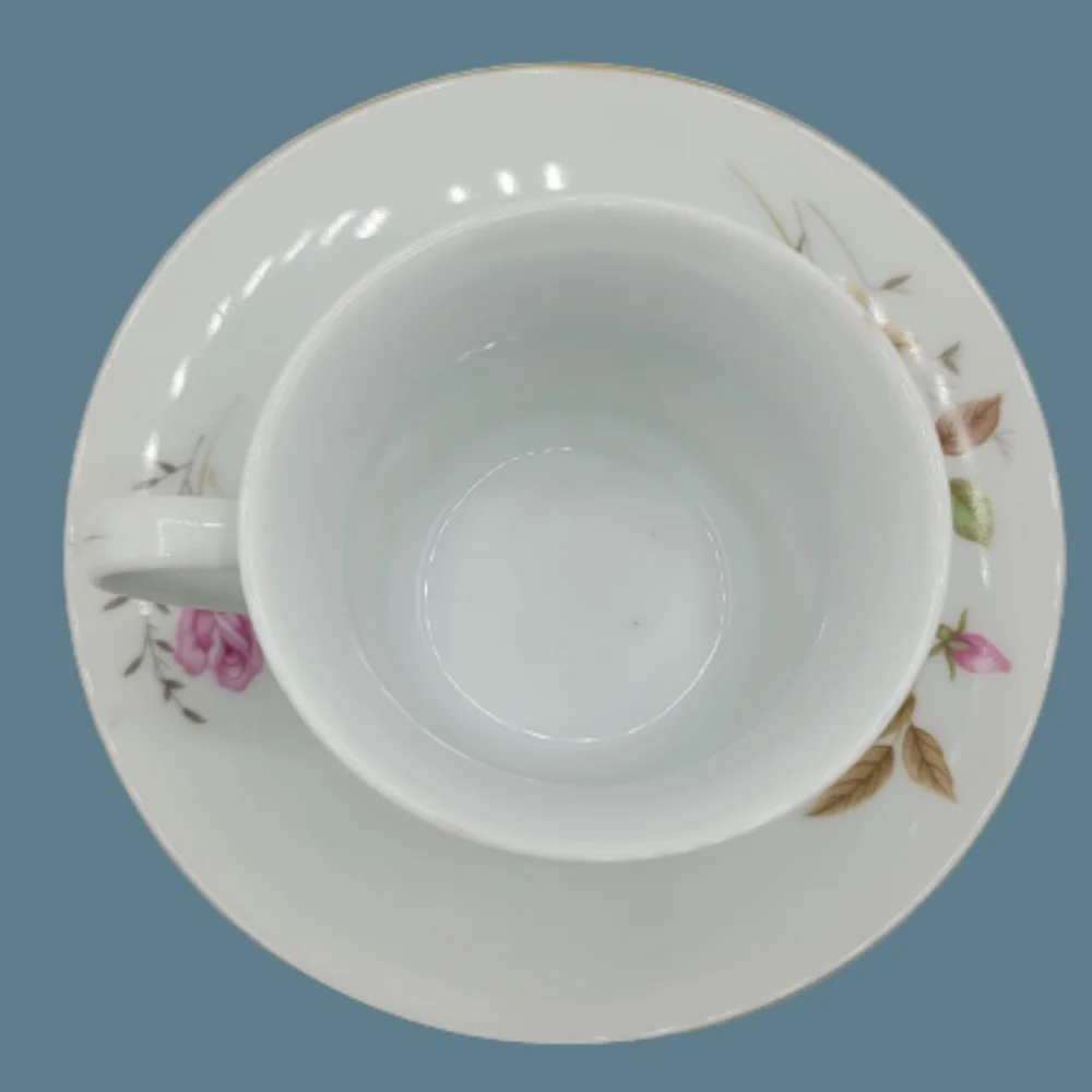 Elegant Rose Pattern Porcelain Tea Cup and Saucer Set, Gold Trim